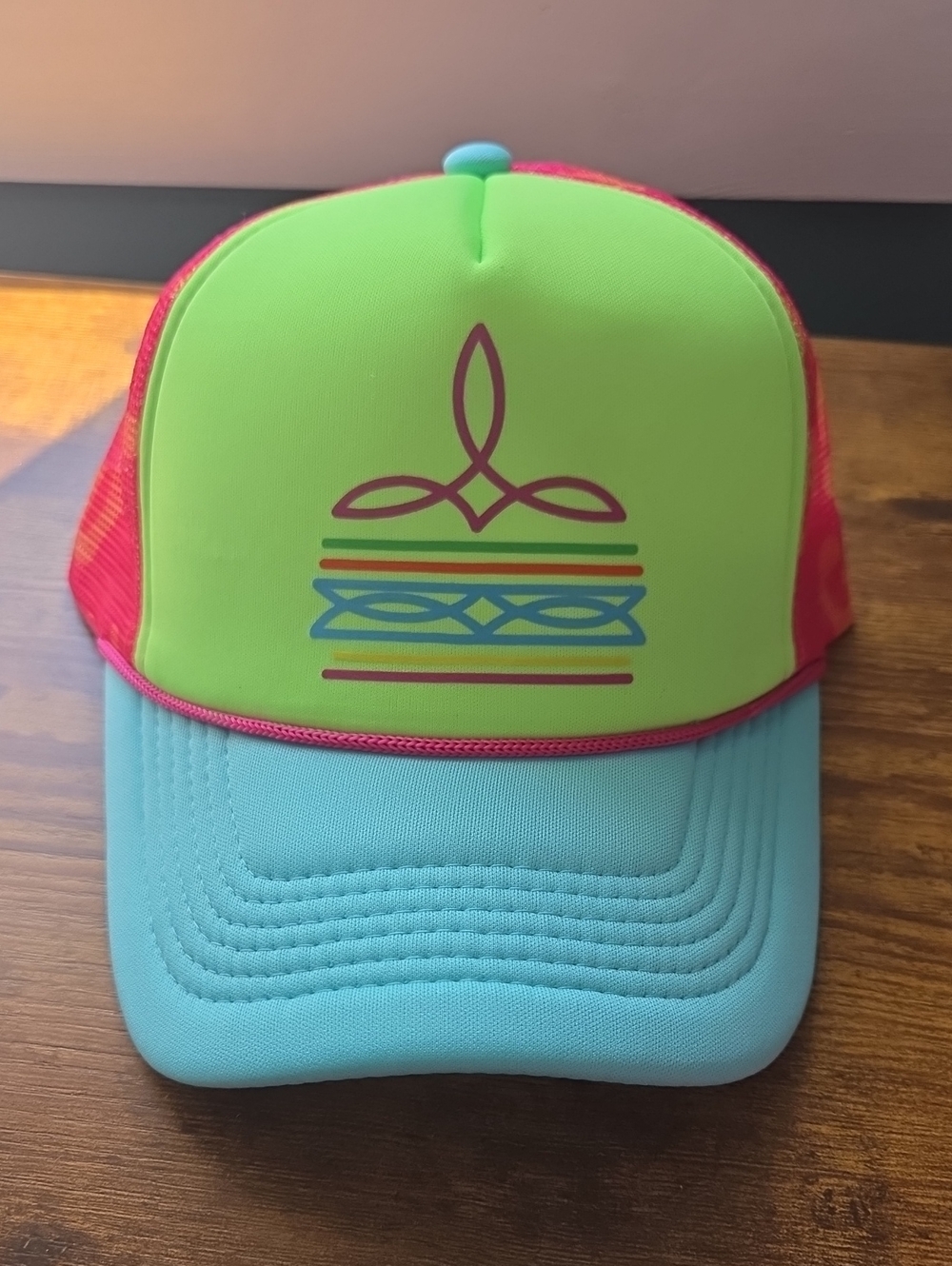Boot Stitch Neon Green & Aqua Trucker Hat with Pink Accents